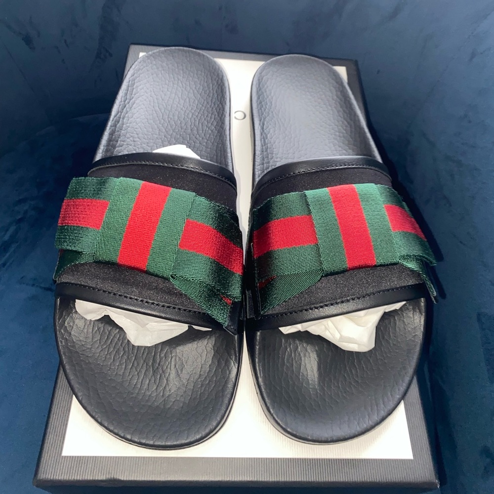 ❌SOLD❌GUCCI WEB BOW RED & GREEN SATIN/RUBBER SANDALS SLIDES SZ 11 US 41 W/BOX - Picture 2 of 10